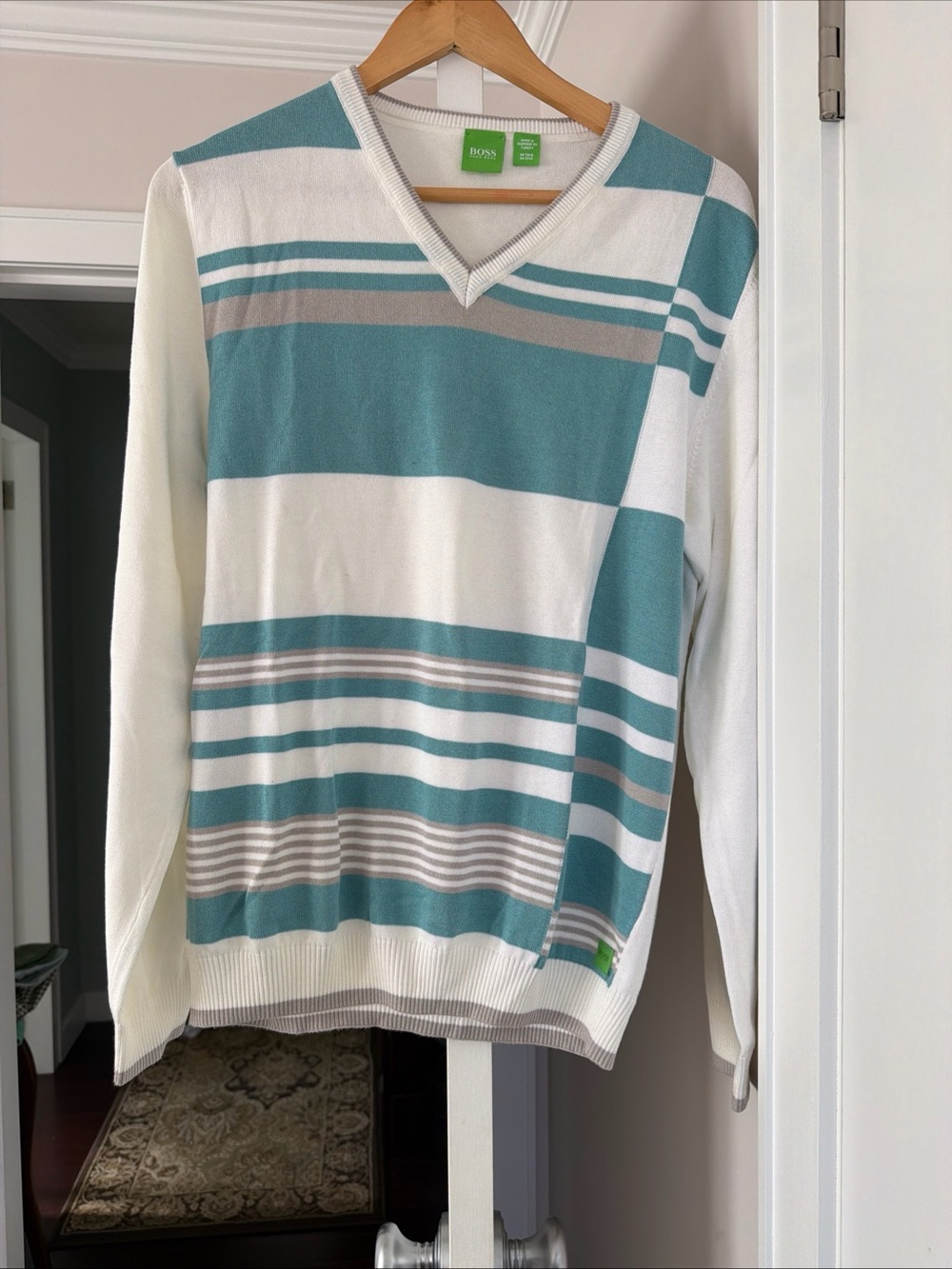 BOSS Men's Teal and White Striped V-Neck Shirt cotton Sweater pullover size L